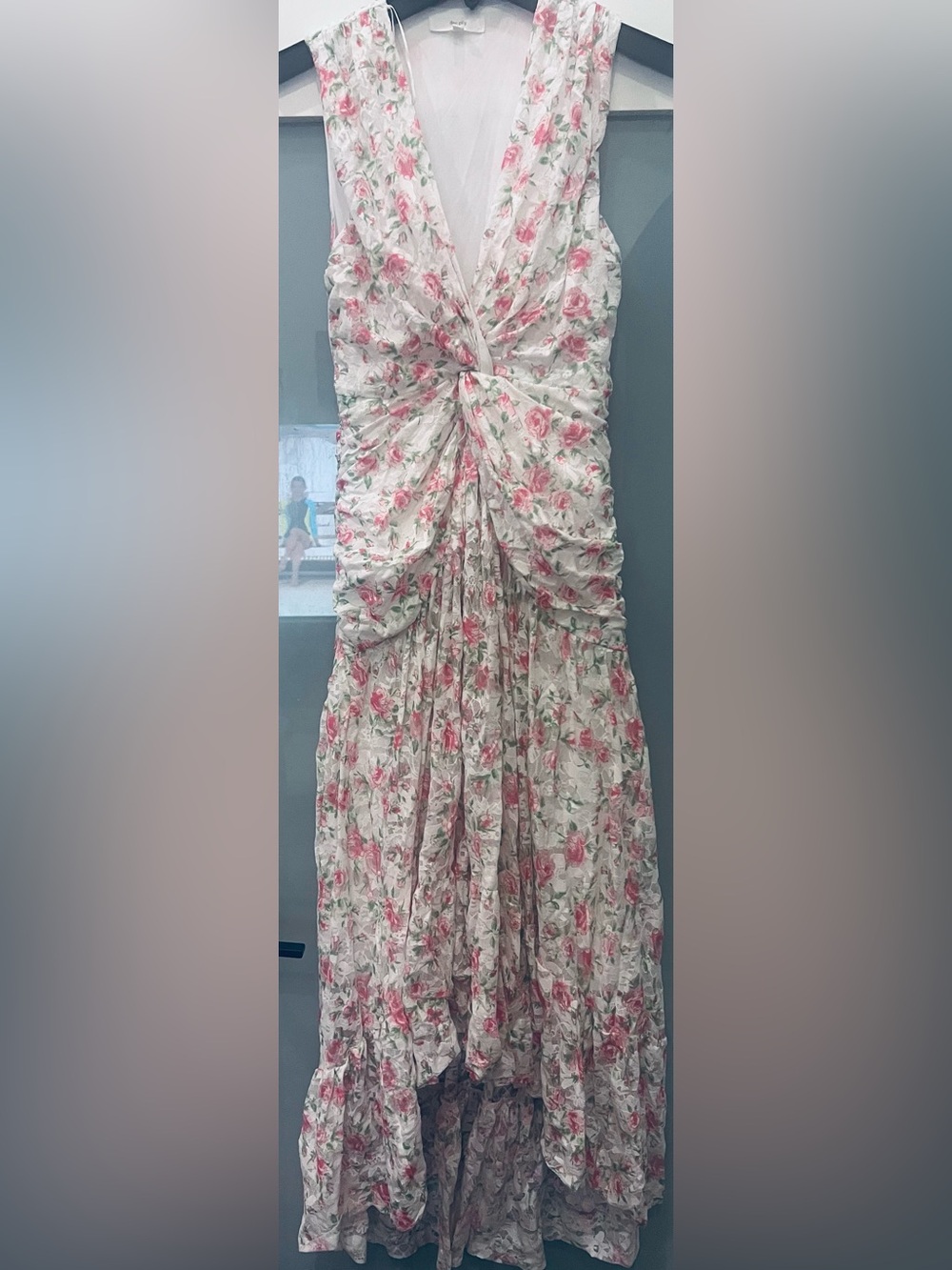 DEE ELLY Floral Knot Front Ruched Maxi Dress in Pink and Cream